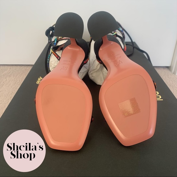 NIB Amina Muaddi x AWGE LSD Rainbow Crystal Satin Gladiator Sandals Size 37 - Picture 6 of 9